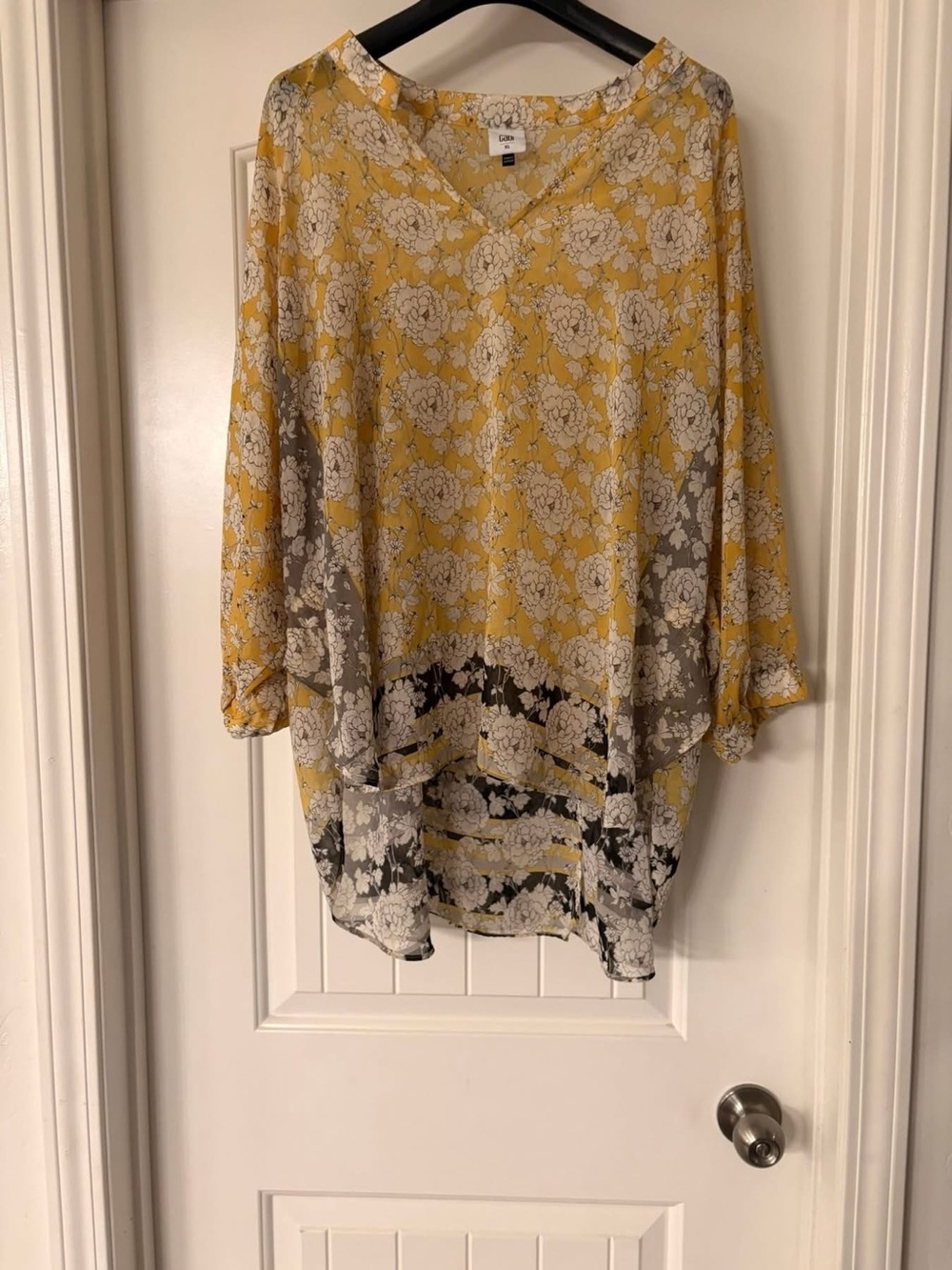 CAbi Yellow and Gray Floral V-Neck Tunic